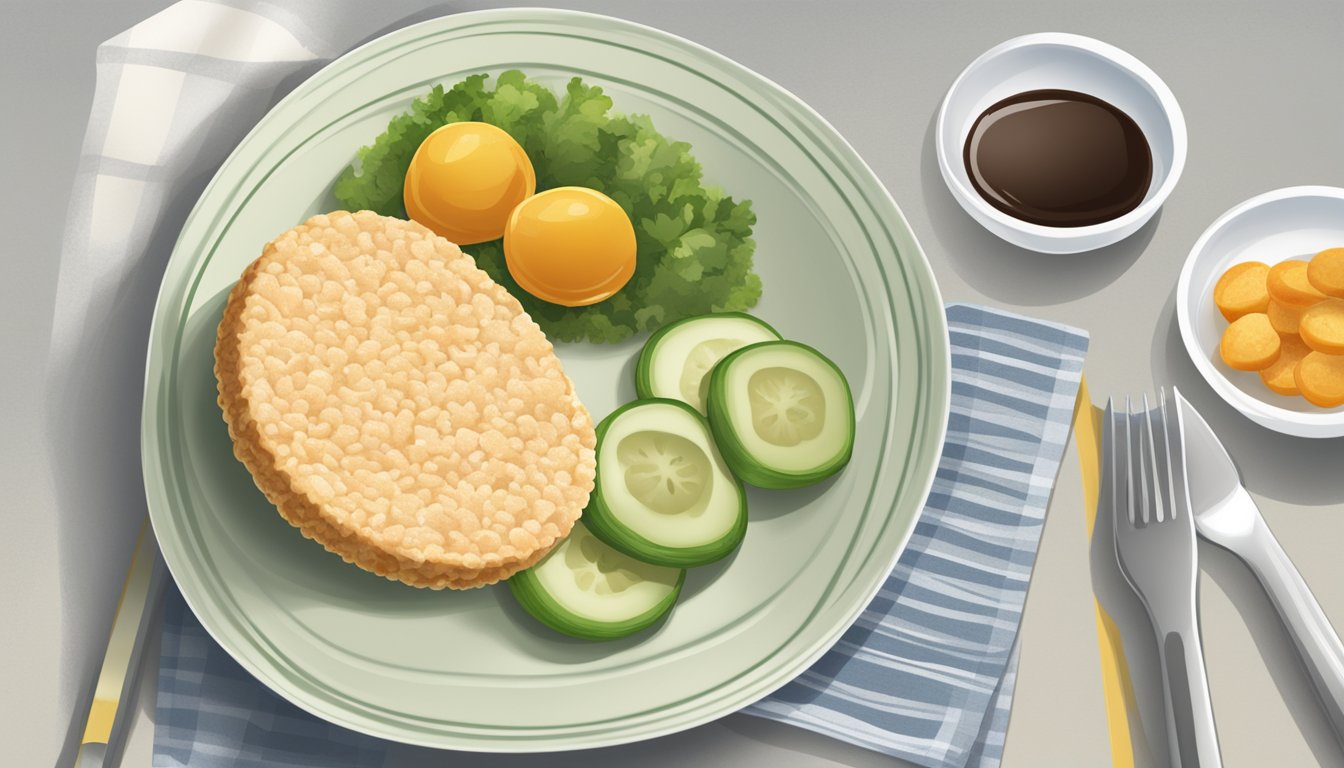 A plate with a measured portion of Quaker rice cakes alongside a balanced diabetic meal