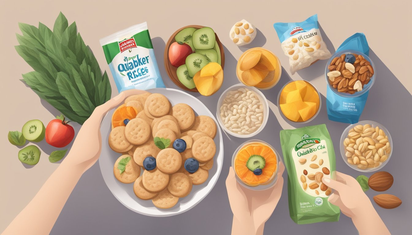 A diabetic holding a pack of Quaker rice cakes, surrounded by various alternative snack options like nuts, fruits, and vegetables