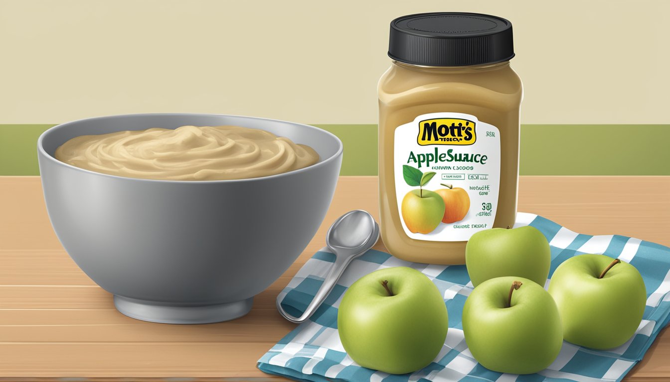 A small bowl of Mott's applesauce next to a measuring cup and a nutrition label