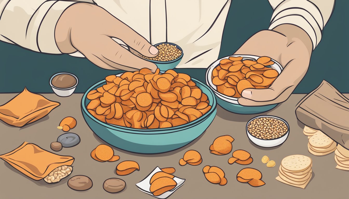 A diabetic person holding a small bowl of Goldfish crackers, with a pile of whole grains and healthier snack options next to it