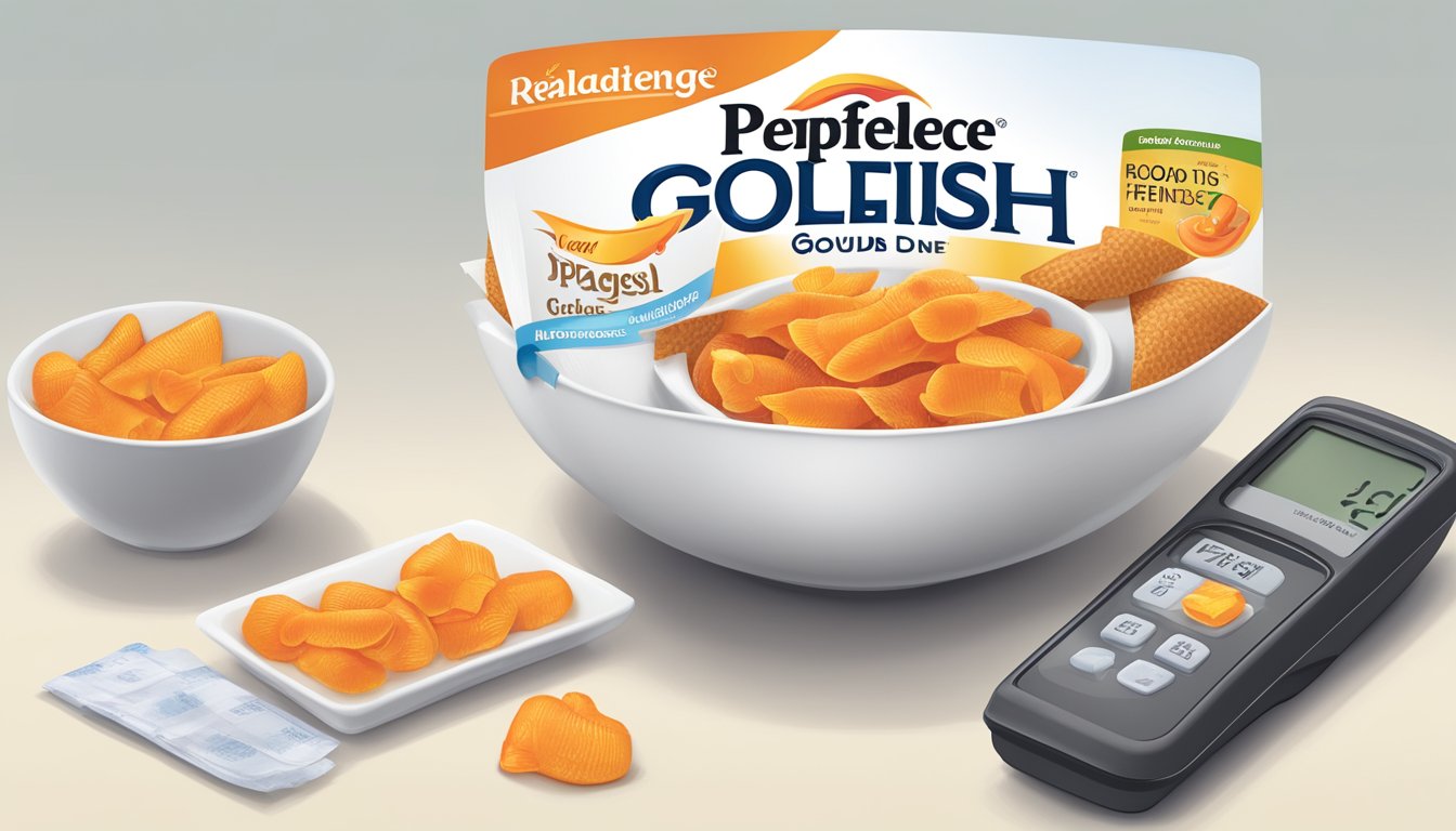 A small bowl filled with a measured portion of Pepperidge Farm Goldfish, alongside a diabetes-friendly snack guide and a blood sugar monitoring device