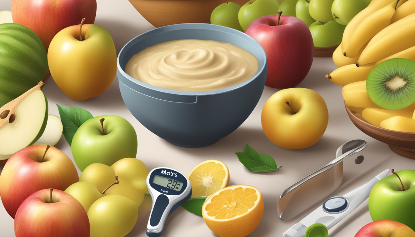 A bowl of Mott's applesauce with a measuring spoon next to it, surrounded by a variety of fruits and a glucometer on the table