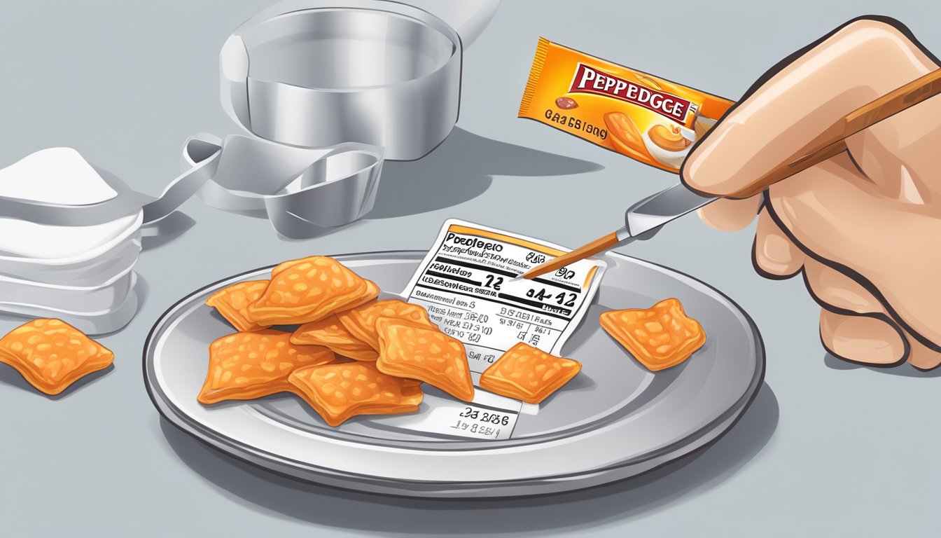 A diabetic person carefully counting out a portion of Pepperidge Farm Goldfish crackers onto a plate, alongside a nutrition label and a measuring tool