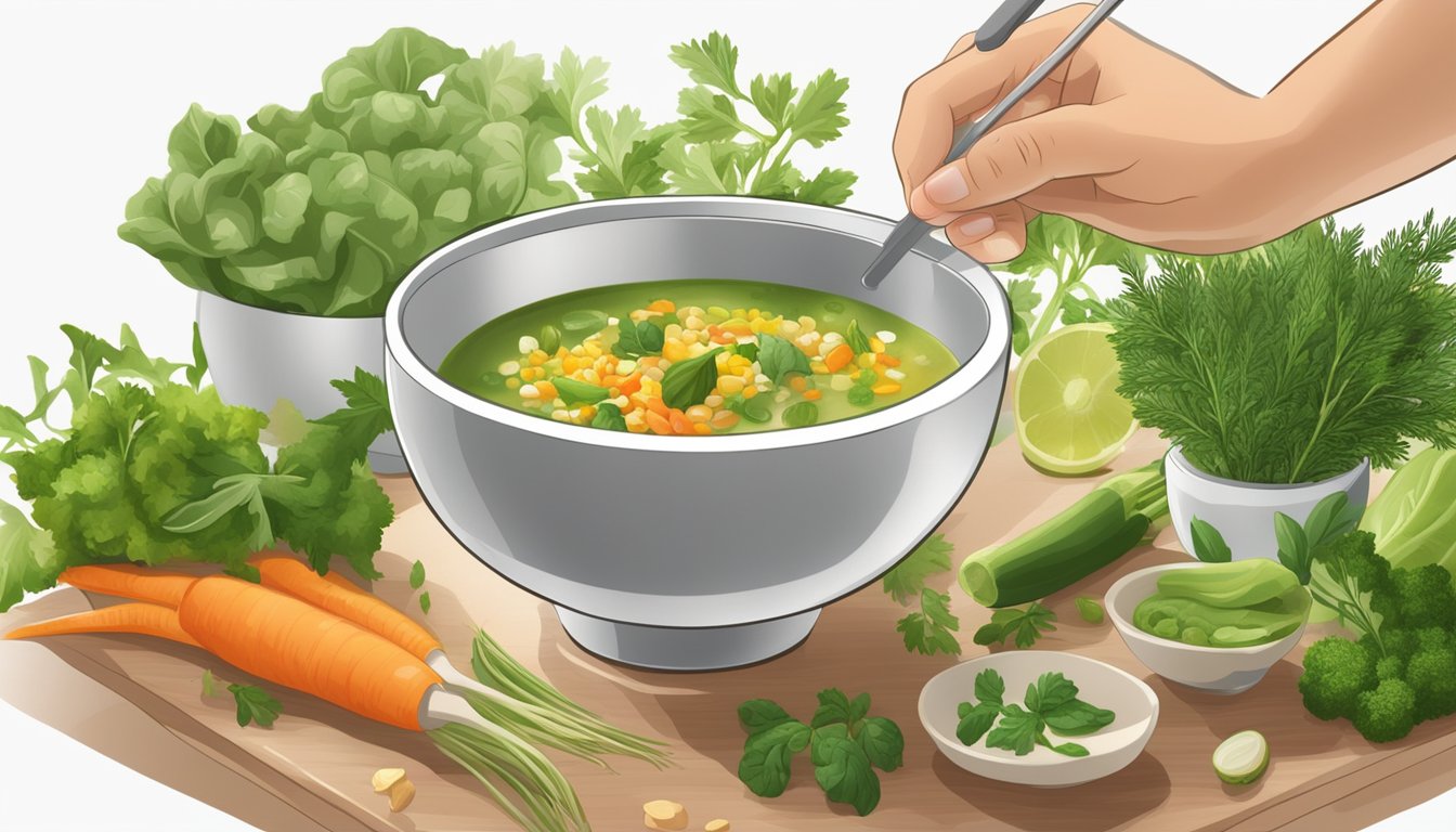 A diabetic measuring out a small portion of Knorr soup mix into a bowl, surrounded by fresh vegetables and herbs