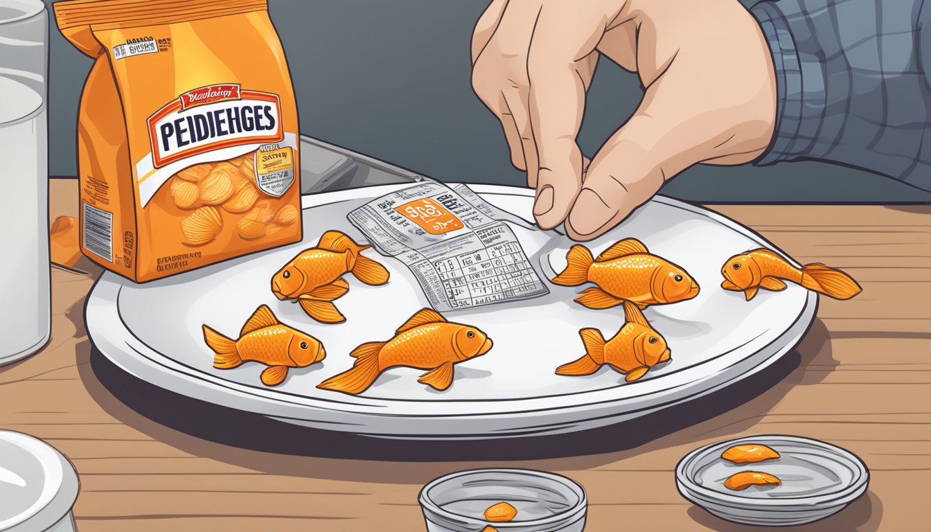 A diabetic person carefully counting out Pepperidge Farm Goldfish crackers onto a plate, with a nutritional label in the background