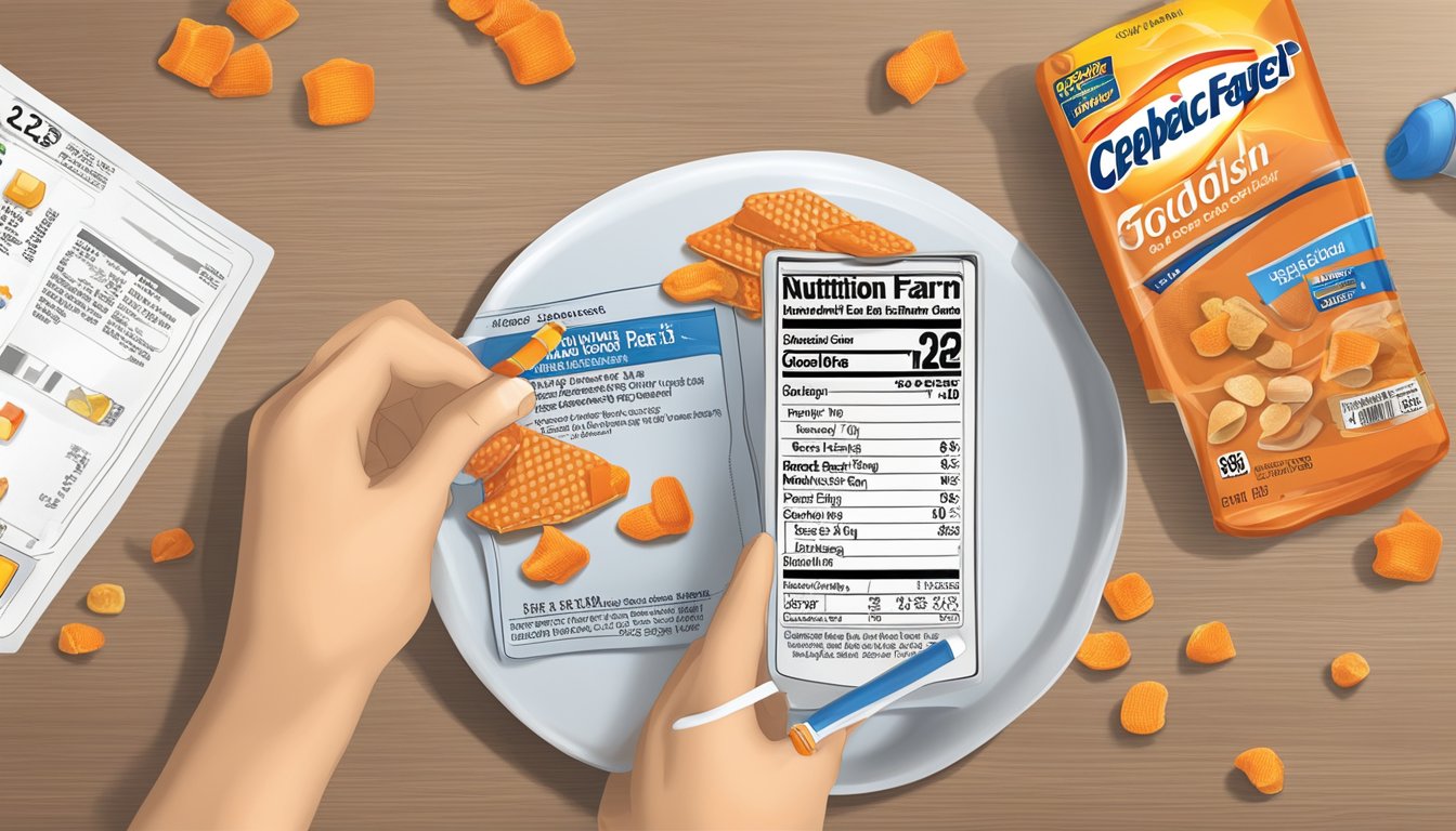 A diabetic person carefully counting out a portion of Pepperidge Farm Goldfish crackers onto a plate, alongside a nutrition label and a blood glucose monitor