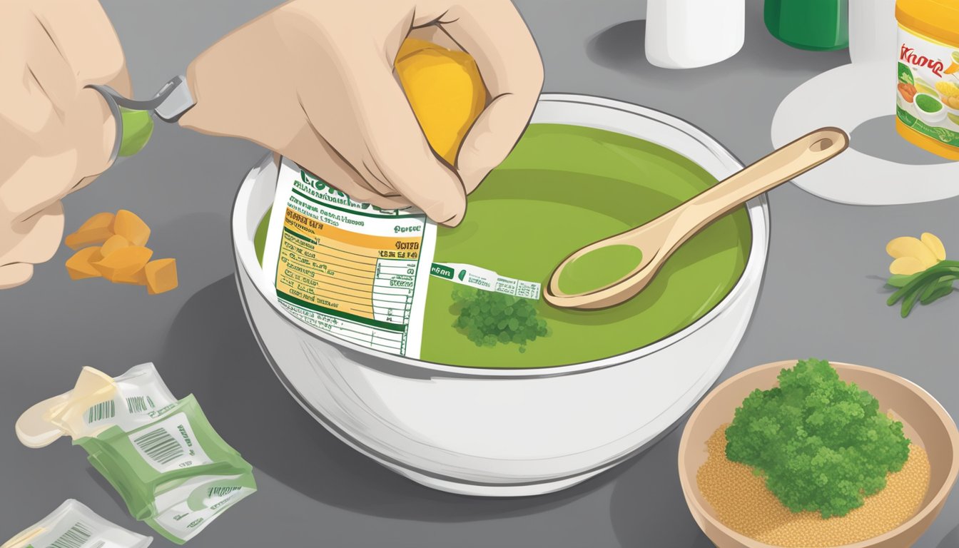 A person measuring out a portion of Knorr soup mix into a bowl, alongside a measuring spoon and a nutrition label