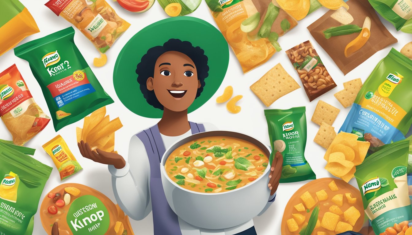 A person holding a packet of Knorr soup mix, with a question mark above their head, surrounded by various food items