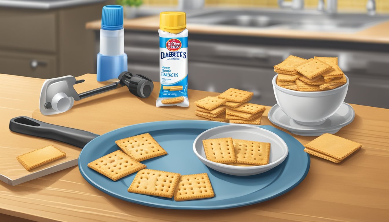 A plate with a portion of Keebler Club crackers next to a measuring tool and a diabetic testing kit on a kitchen counter