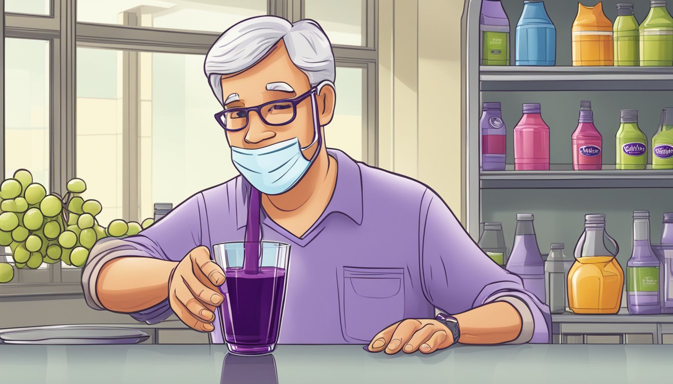 A diabetic person pouring a measured amount of Welch's grape juice into a glass