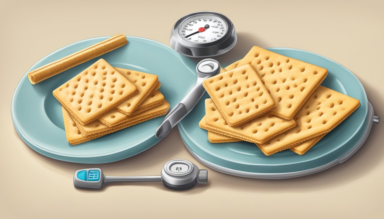 A plate with a serving of Keebler Club crackers next to a measuring tool and a diabetes monitoring device