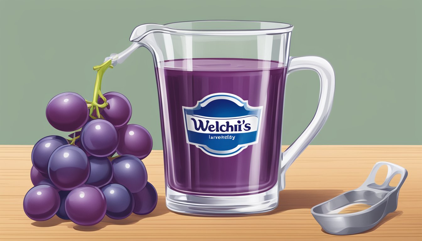 A glass of Welch's grape juice next to a measuring cup, with a diabetic-friendly portion poured out