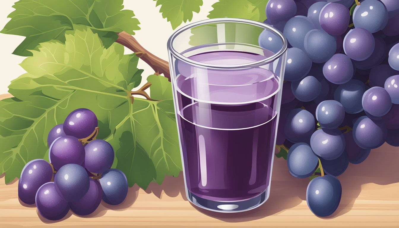 A glass of Welch's grape juice next to a bunch of whole grapes, with a diabetic-friendly portion size indicated