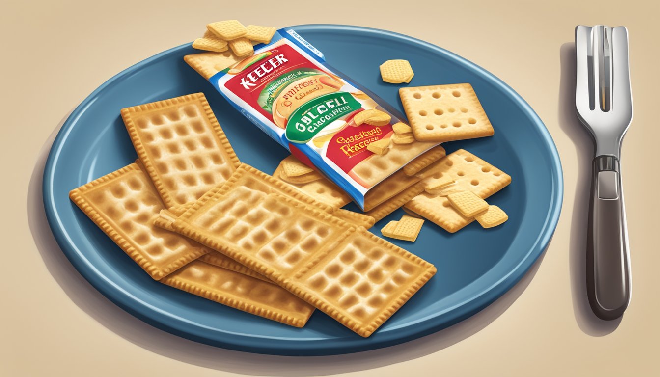 A plate with a serving of Keebler Club crackers, a nutrition label, and a blood glucose monitor