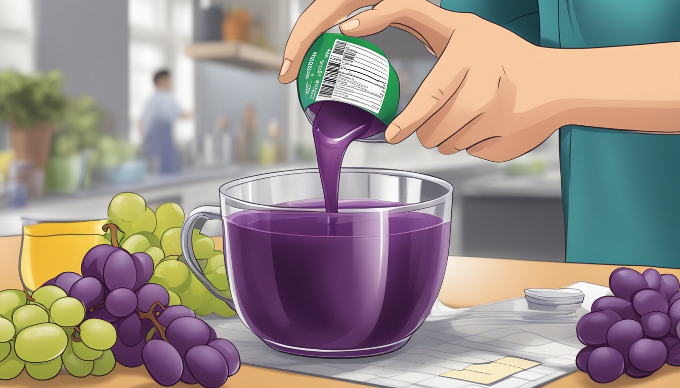 A person pouring Welch's grape juice into a measuring cup, with a nutritional label and diabetes guidelines in the background