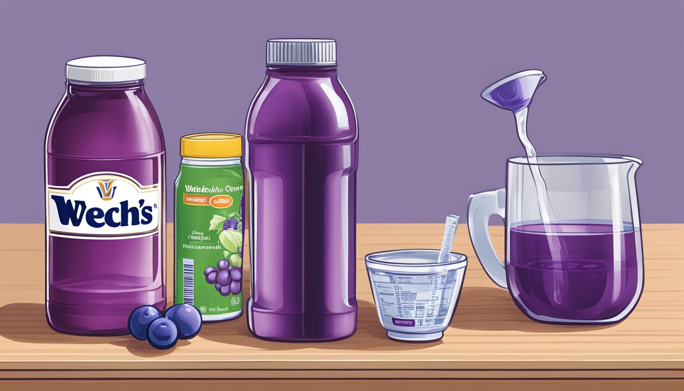 A person pouring a glass of Welch's grape juice next to a measuring cup and a diabetes medication bottle