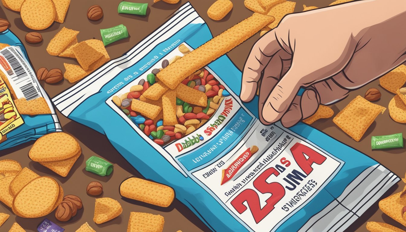 A diabetic hand picks up a single Slim Jim snack from a pile of snacks, while a nutrition label with carbohydrate information is visible in the background