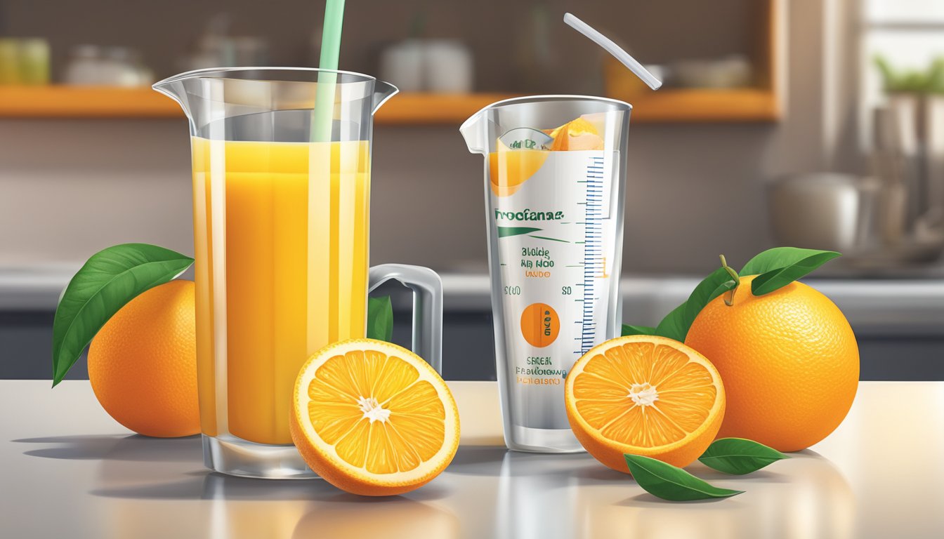 A glass of Tropicana orange juice next to a measuring cup with a portion of juice poured into it, and a blood glucose monitor nearby