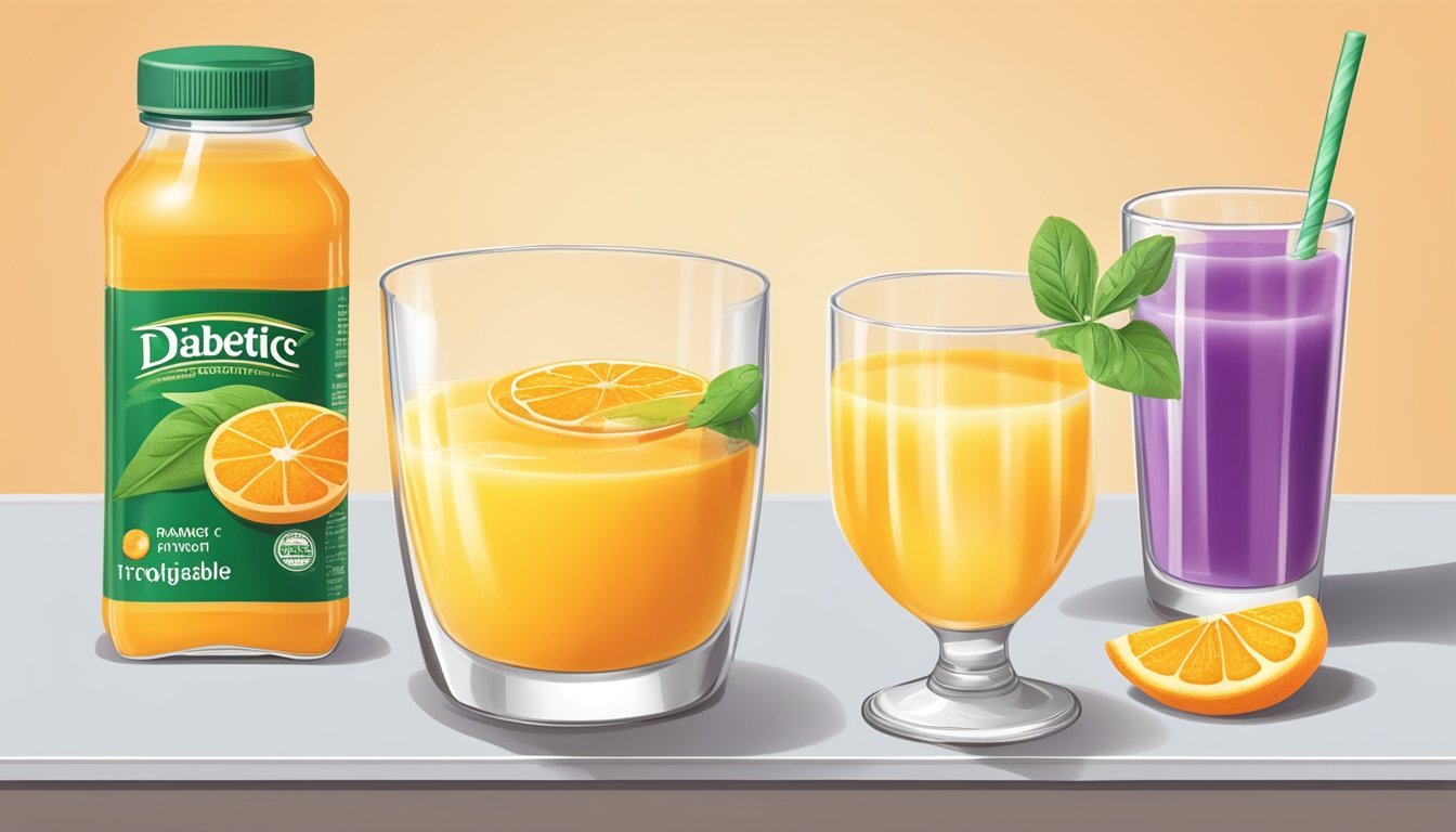 A diabetic pours a small glass of Tropicana orange juice, then replaces it with a glass of freshly squeezed vegetable juice