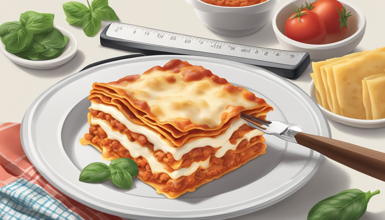 A plate of Stouffer's lasagna with a portion cut out, a measuring tool, and a diabetic-friendly food guide nearby