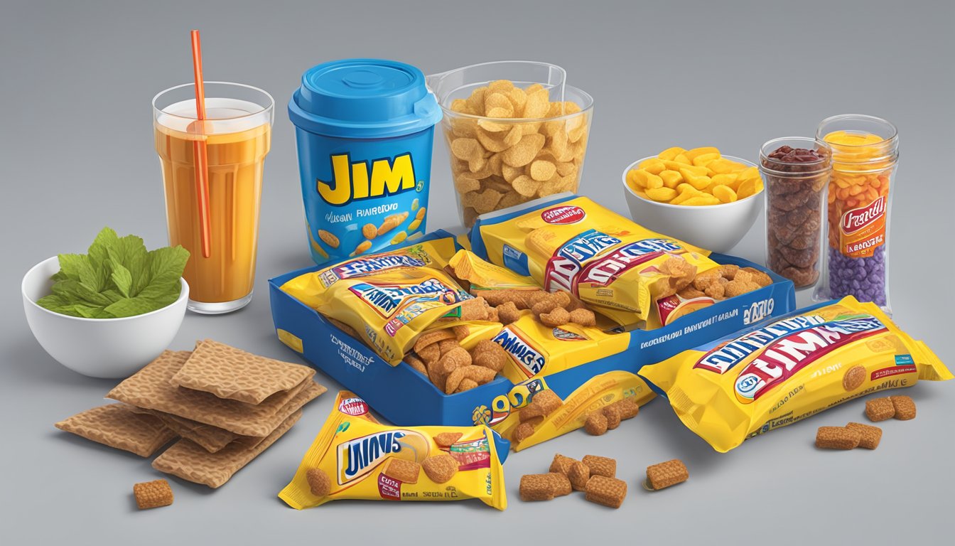 A table with a variety of snack options, including Slim Jims, alongside a nutrition label and a blood glucose monitor