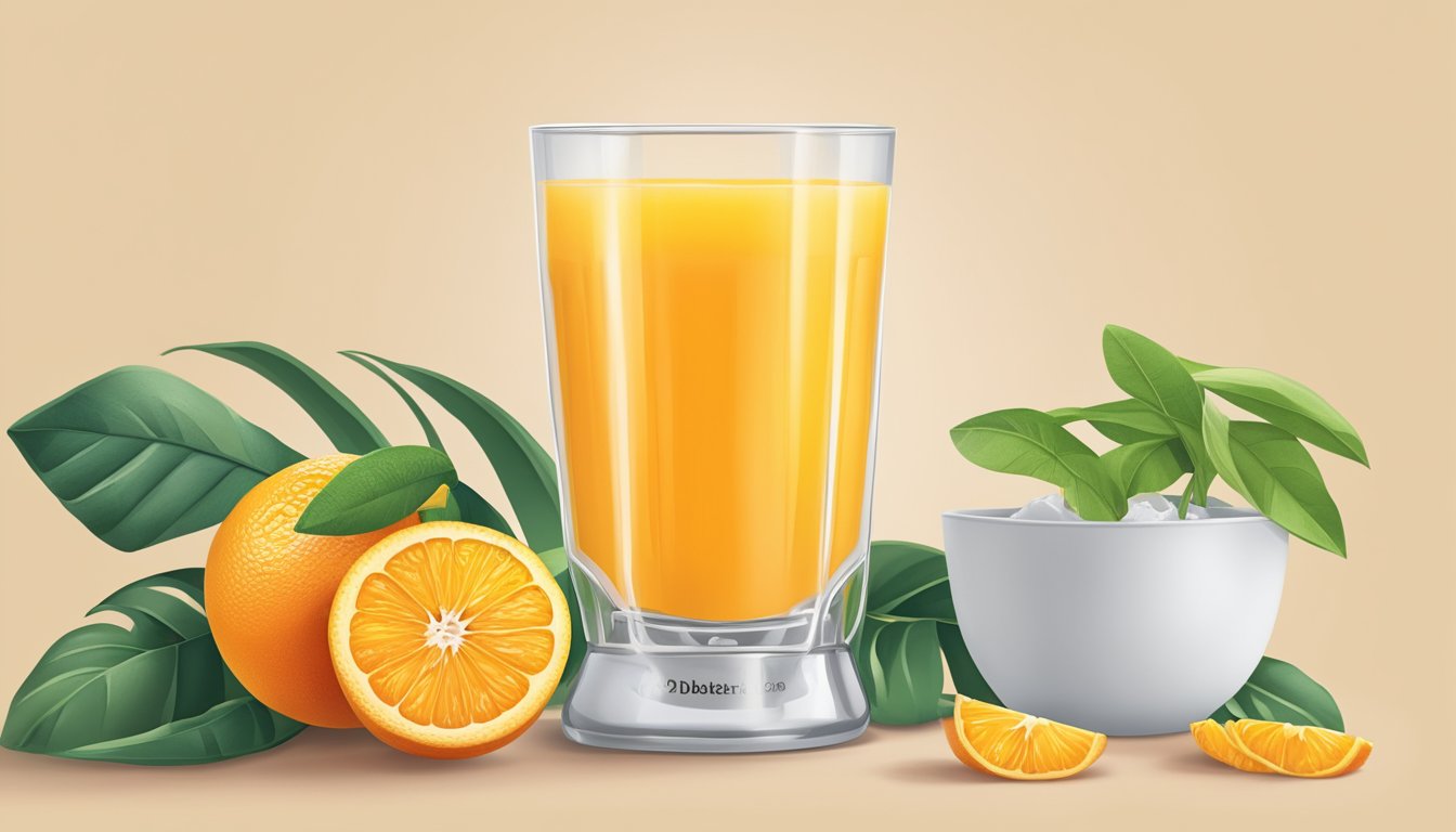 A glass of Tropicana orange juice with a measuring cup next to it, indicating portion control for diabetes management