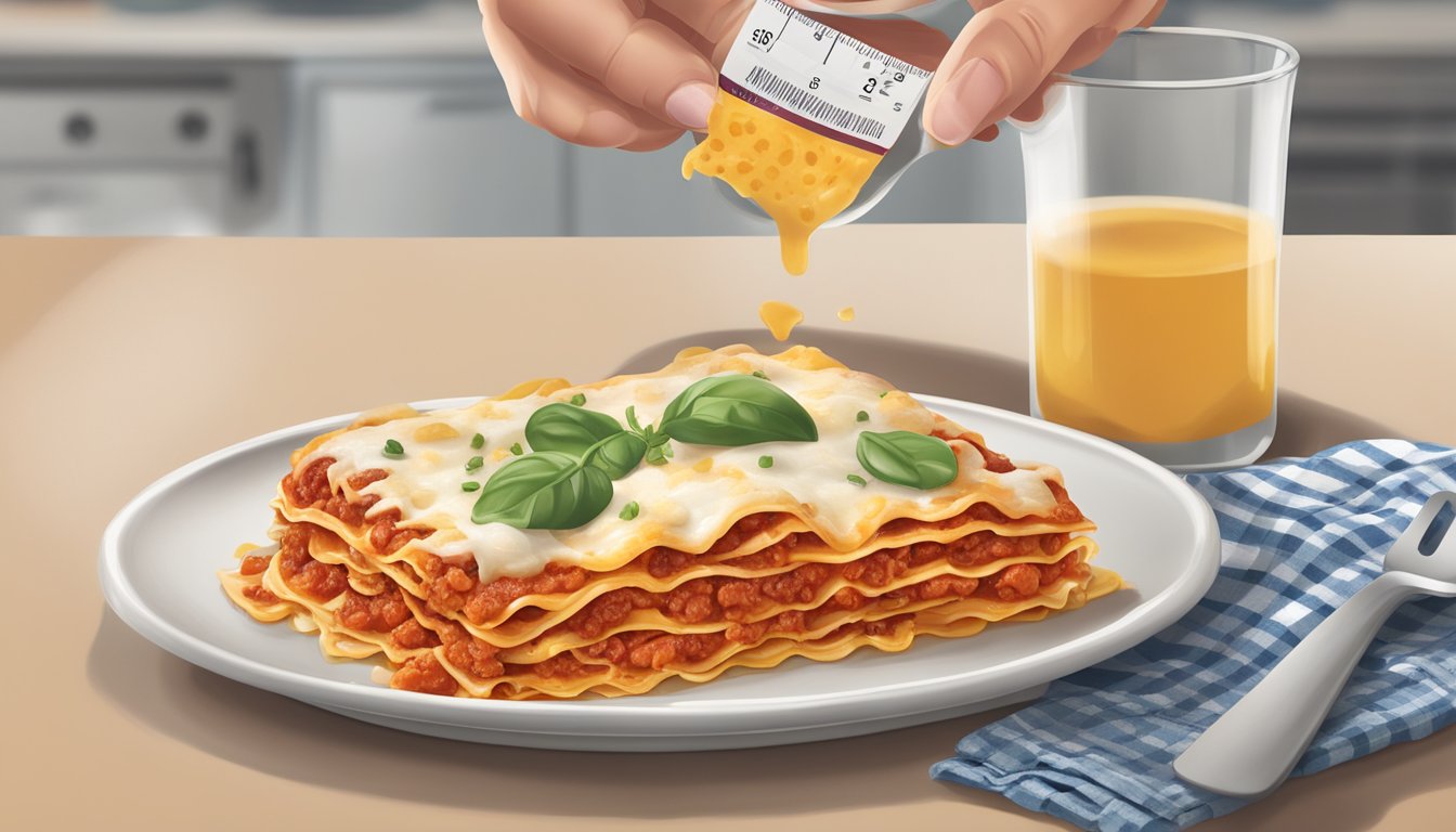 A diabetic portioning out a serving of Stouffer's lasagna onto a plate, alongside a measuring cup and a nutrition label