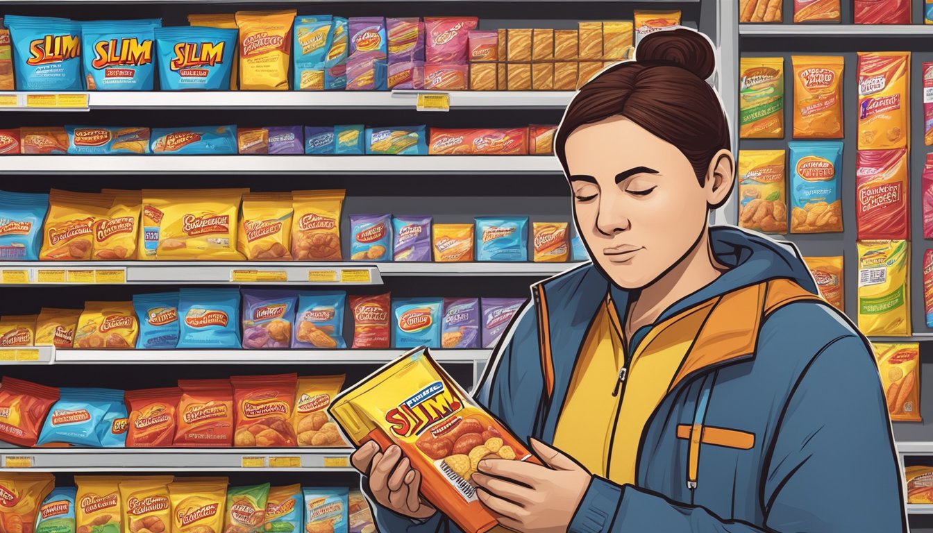 A diabetic person holding a package of Slim Jim snacks while looking at a nutrition label with a concerned expression