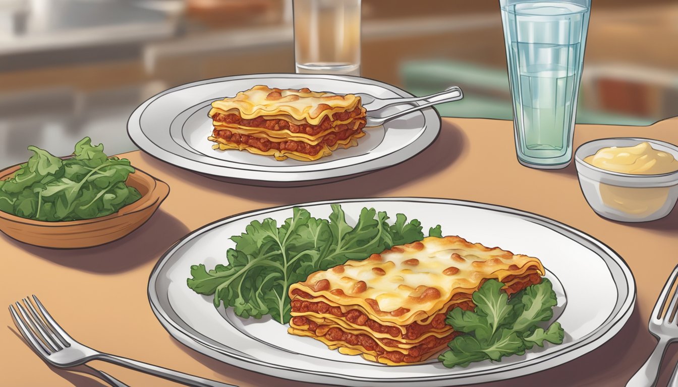 A diabetic portioning out Stouffer's lasagna onto a plate, accompanied by a side of mixed greens and a glass of water