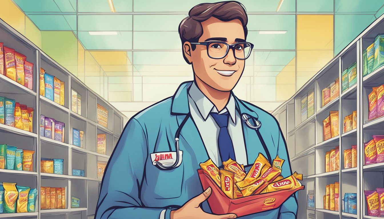 A healthcare professional holding a pack of Slim Jim snacks, gesturing with a thoughtful expression