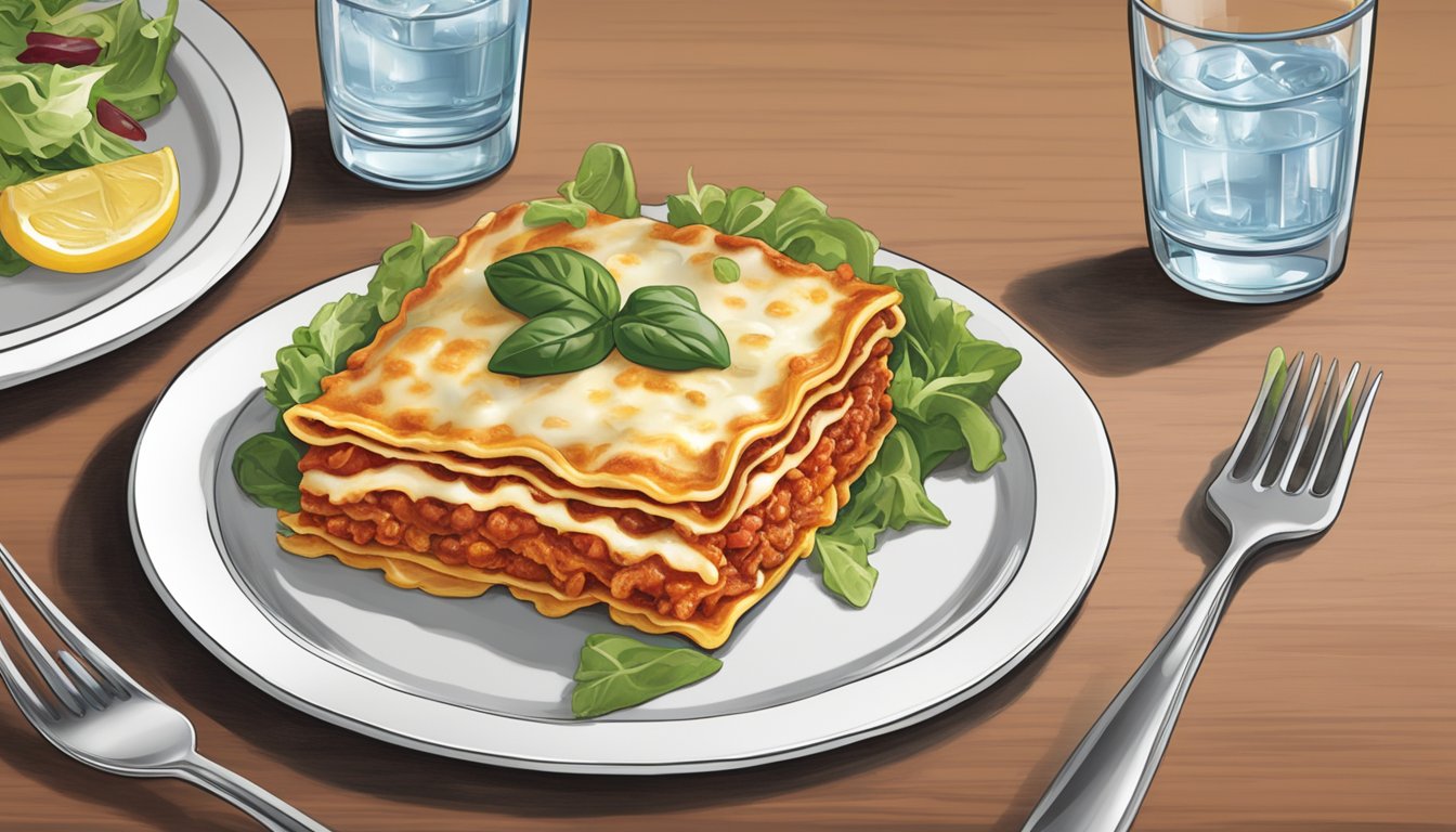 A diabetic portioning out a serving of Stouffer's lasagna onto a plate, alongside a side salad and a glass of water