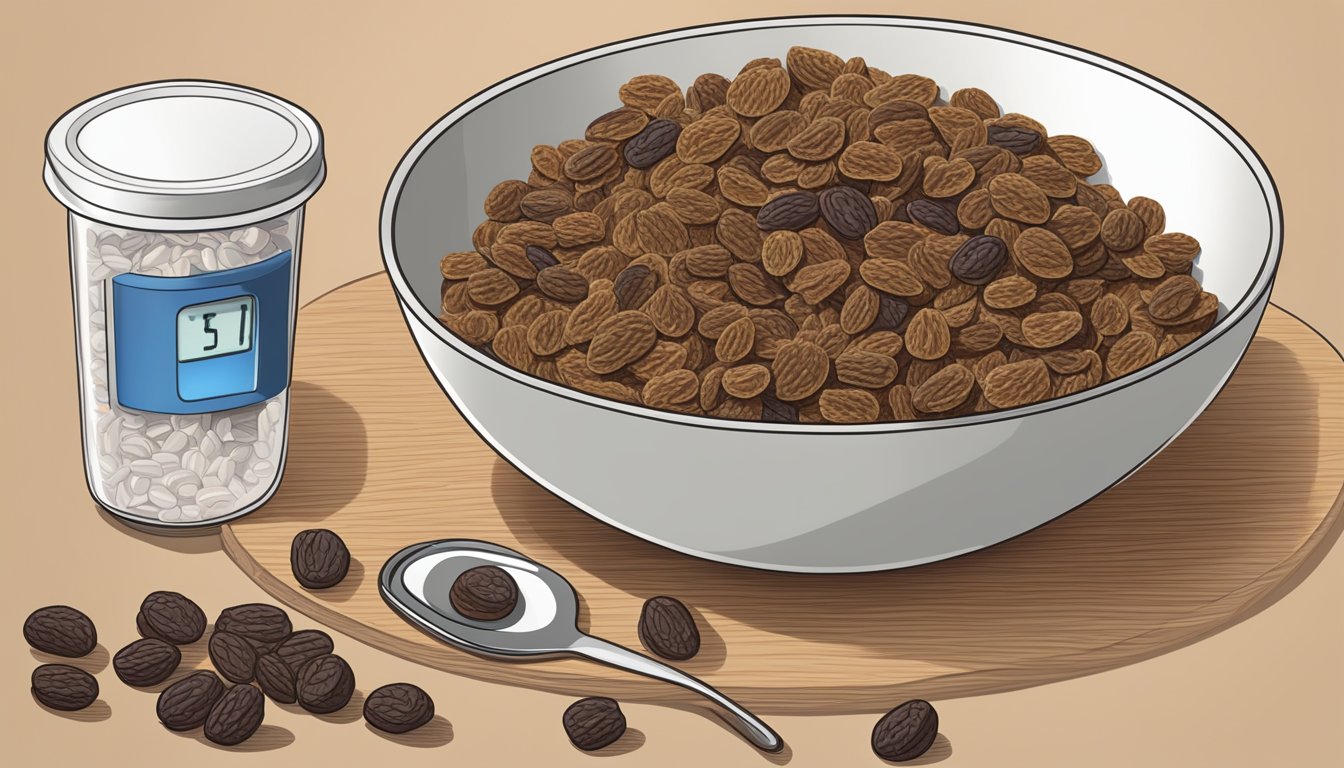 A bowl of Raisin Bran with a measuring cup next to it, indicating portion size for a diabetic