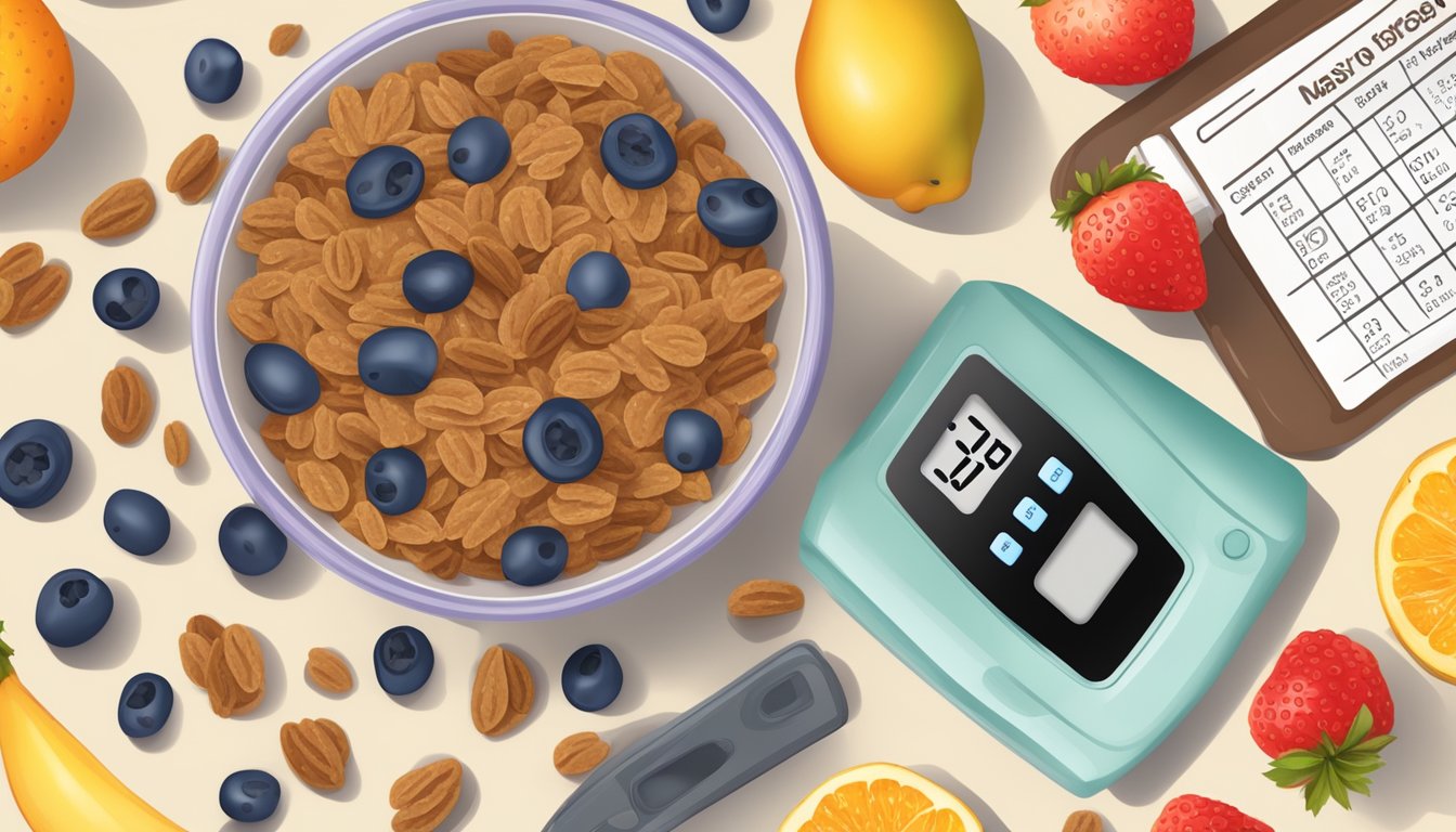 A bowl of Raisin Bran with a measuring cup and a nutrition label, surrounded by fruits and a glucose meter