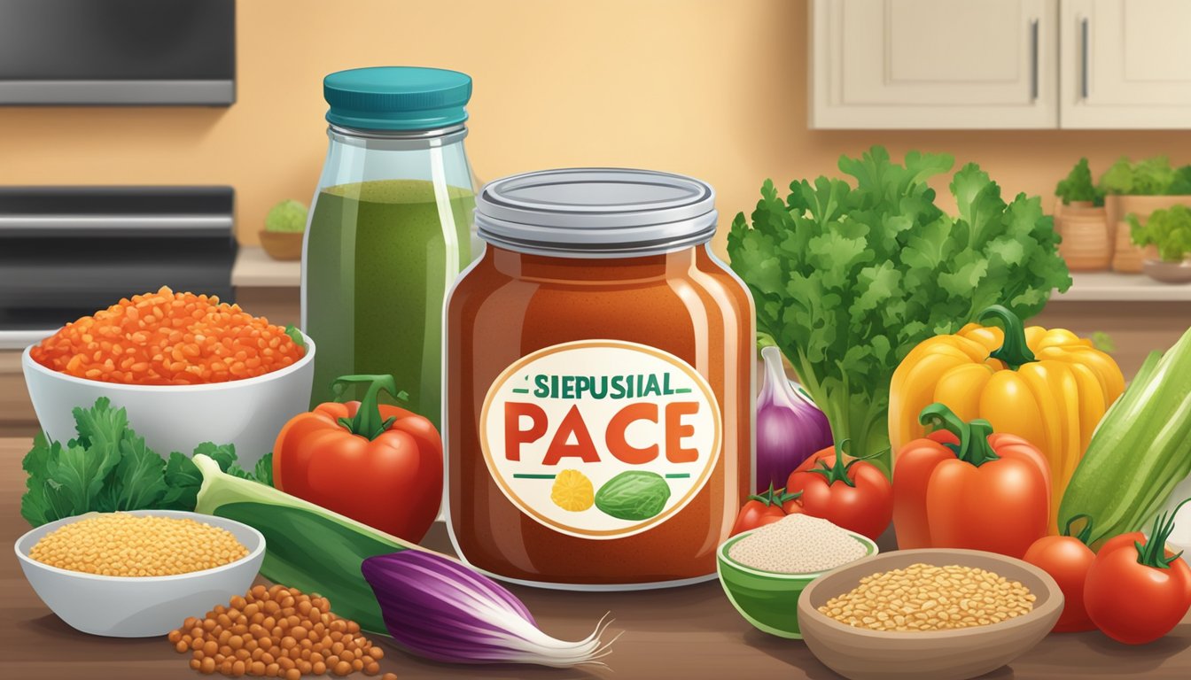 A jar of Pace salsa surrounded by a variety of fresh vegetables and whole grains on a kitchen counter