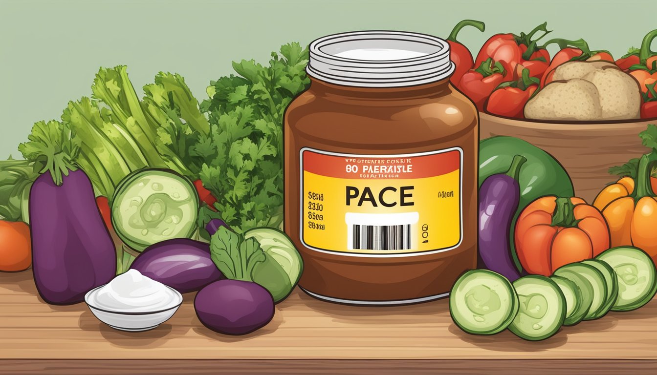 A jar of Pace salsa with a nutrition label, surrounded by various fresh vegetables and a blood glucose monitor