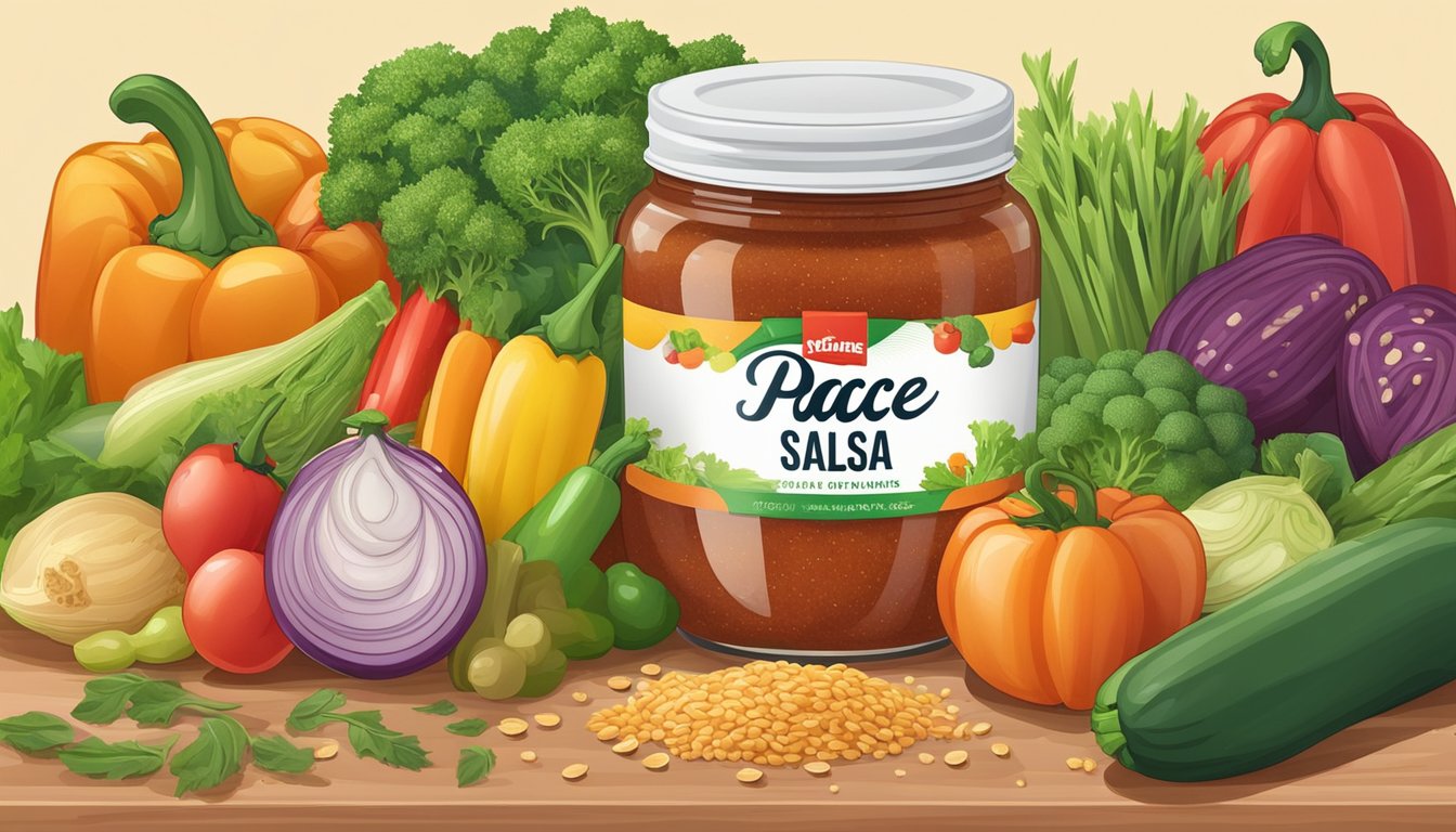 A jar of Pace salsa surrounded by a variety of colorful vegetables and whole grains on a kitchen countertop