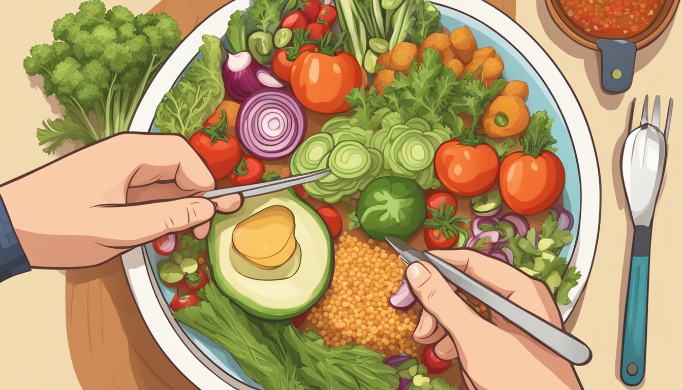 A person with diabetes carefully measuring out a portion of Pace salsa onto a plate, surrounded by a variety of fresh vegetables and whole grains