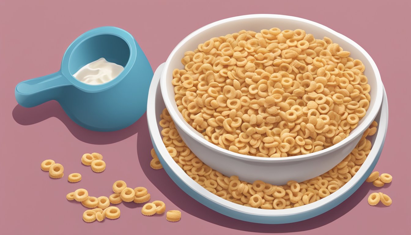 A bowl of Cheerios Oat Cluster Crunch with a measuring cup next to it, indicating portion control for a diabetic