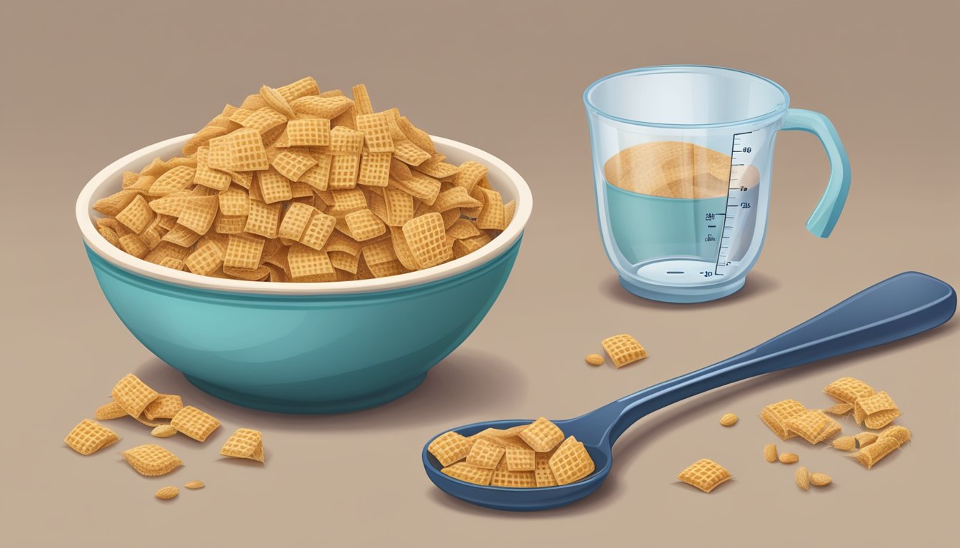 A bowl of Wheat Chex with a measuring cup next to it, indicating portion control for a diabetic diet