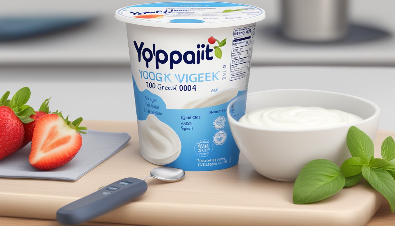 A spoonful of Yoplait Greek 100 yogurt being measured with a digital scale next to a nutritional information label