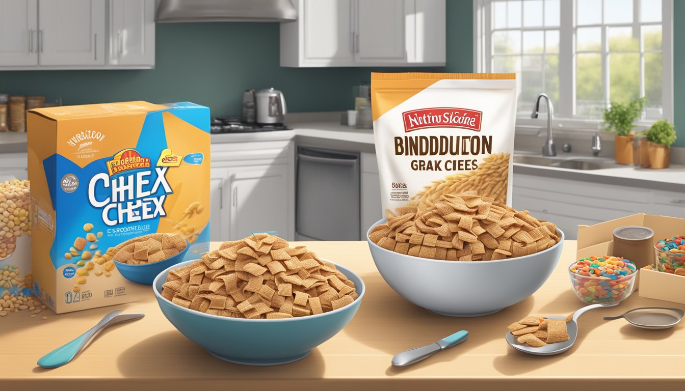 A bowl of Wheat Chex sits on a kitchen table, surrounded by boxes of different breakfast cereals. A nutrition label is visible on one of the boxes