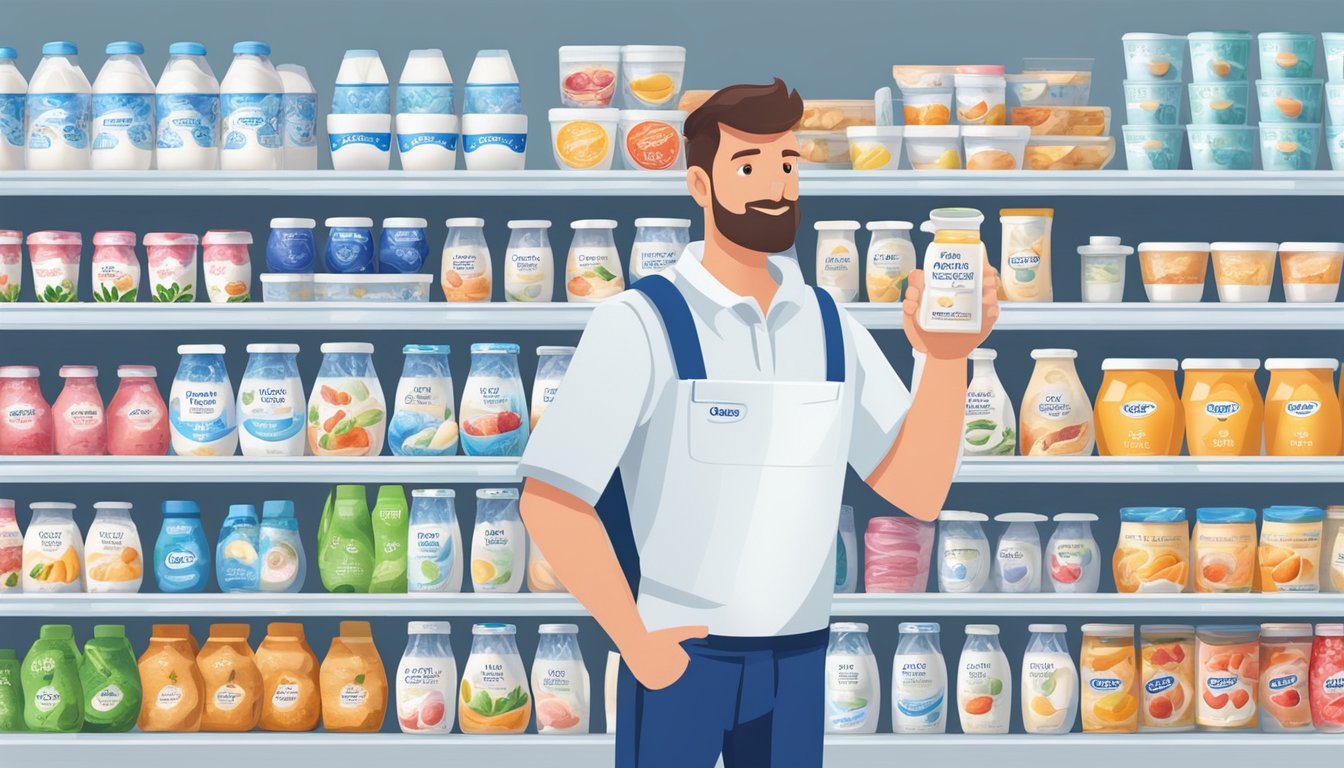 A diabetic holds a container of Yoplait Greek 100 yogurt, surrounded by various yogurt options on a supermarket shelf