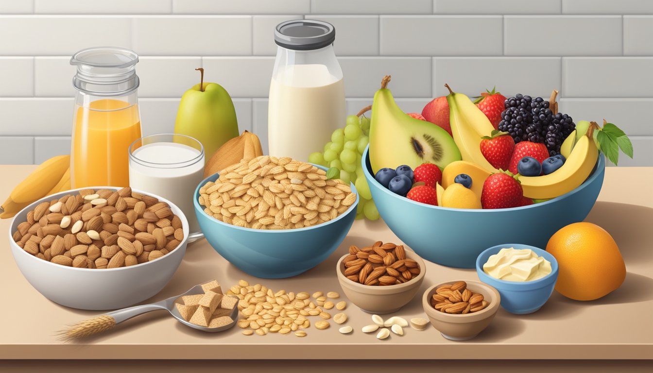 A bowl of Wheat Chex surrounded by a variety of diabetic-friendly foods like fruits, nuts, and low-fat dairy products on a kitchen counter