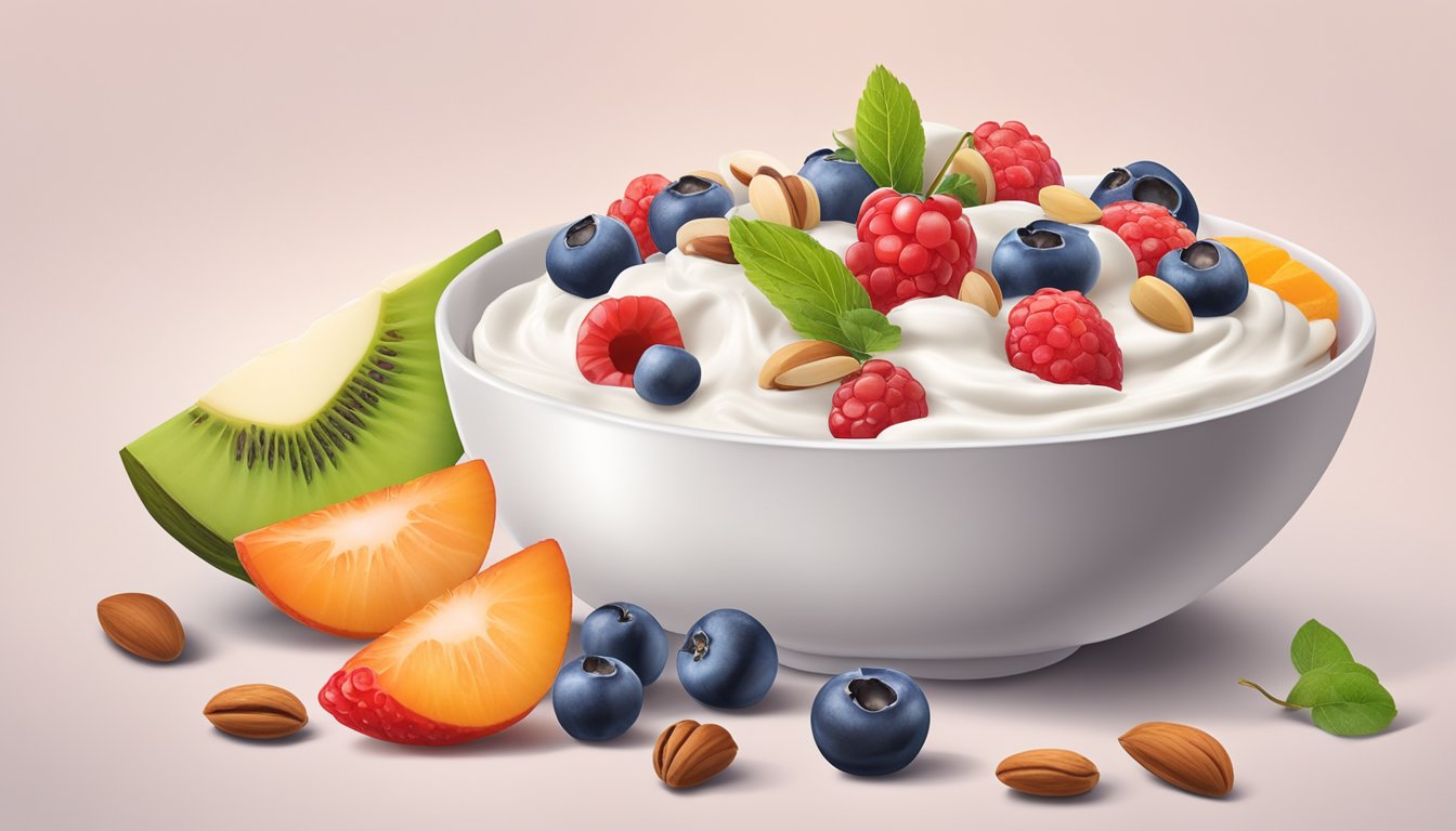 A bowl of Yoplait Greek 100 yogurt with a spoon beside it, surrounded by a variety of fresh fruits and nuts on a kitchen counter