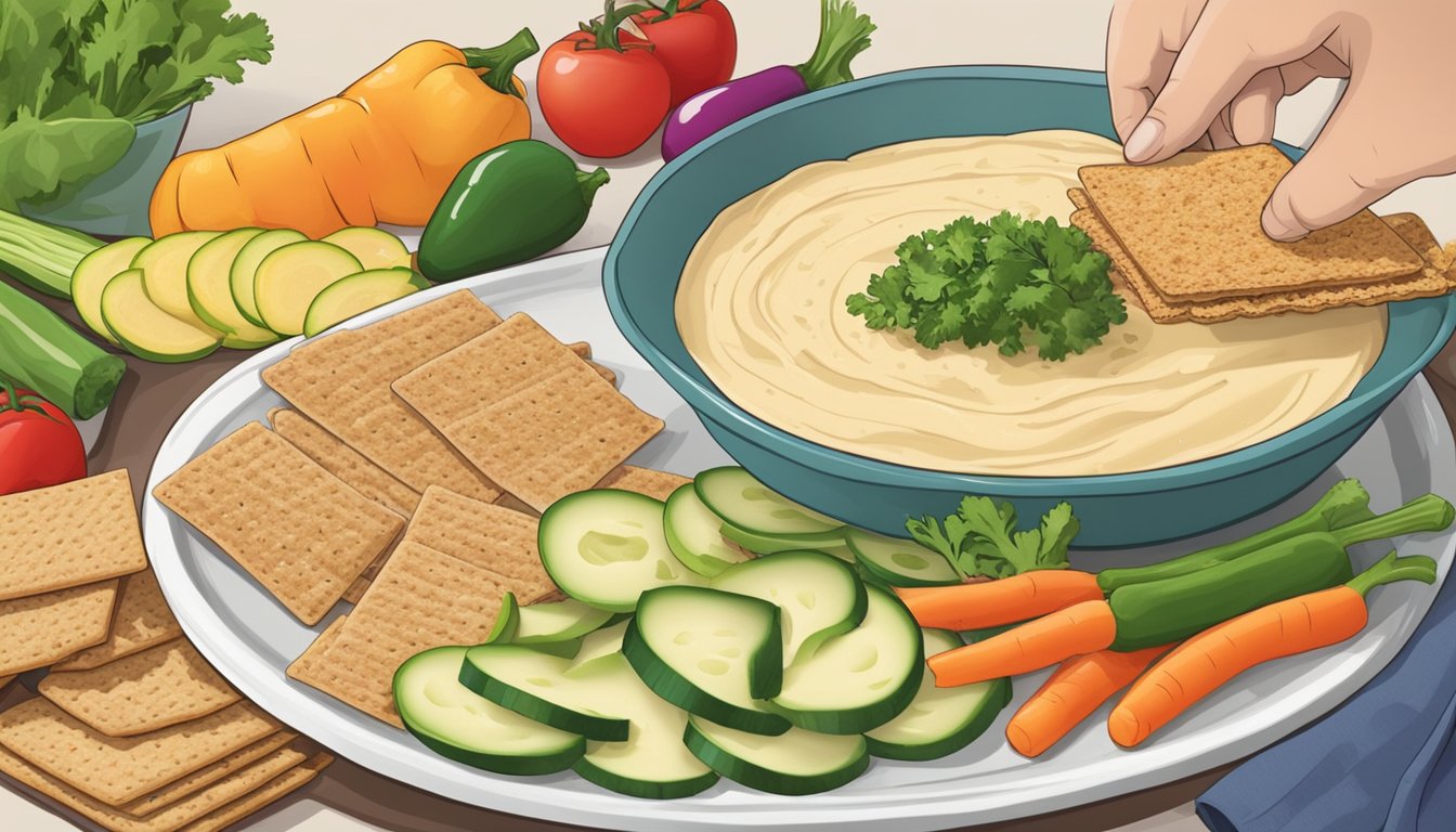 A diabetic portioning out Sabra hummus onto a plate with a variety of colorful vegetables and whole grain crackers on the side