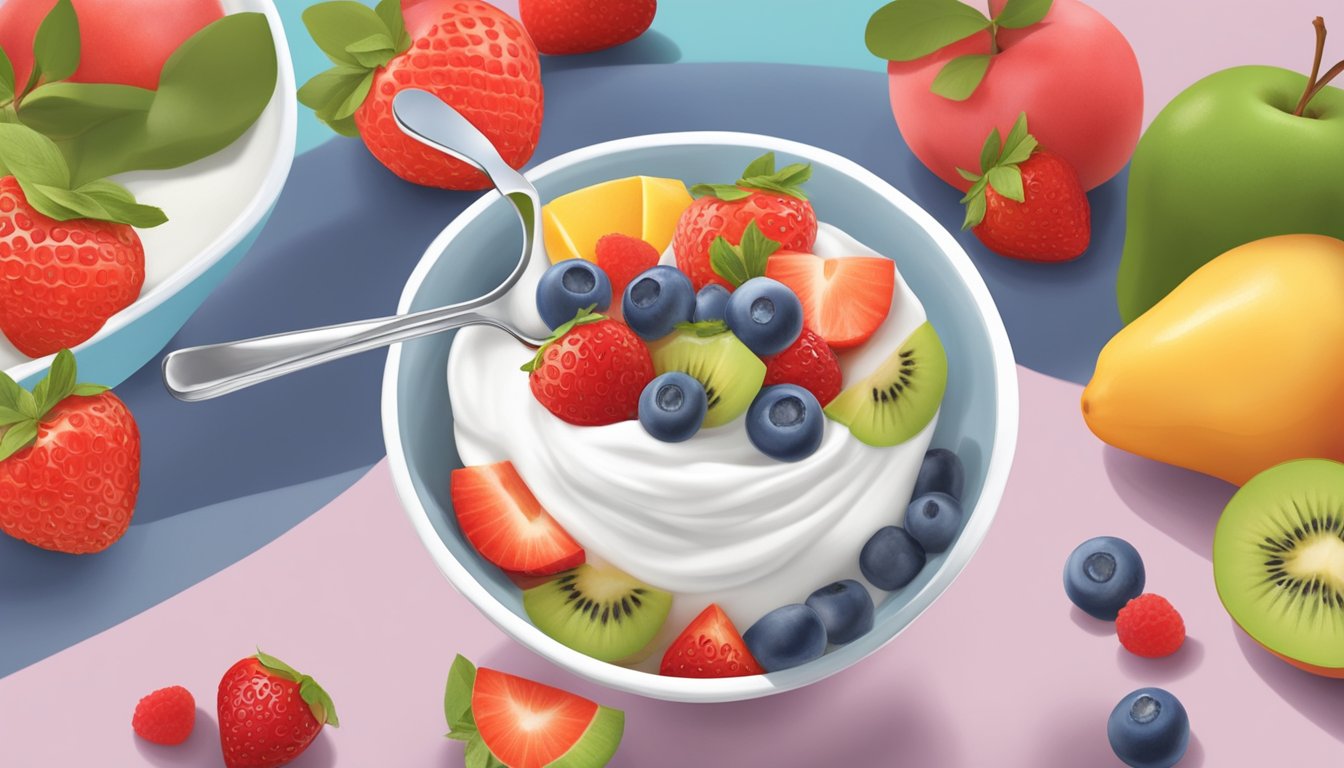 A spoonful of Yoplait Greek 100 yogurt being added to a bowl of fresh fruit for a diabetic-friendly snack