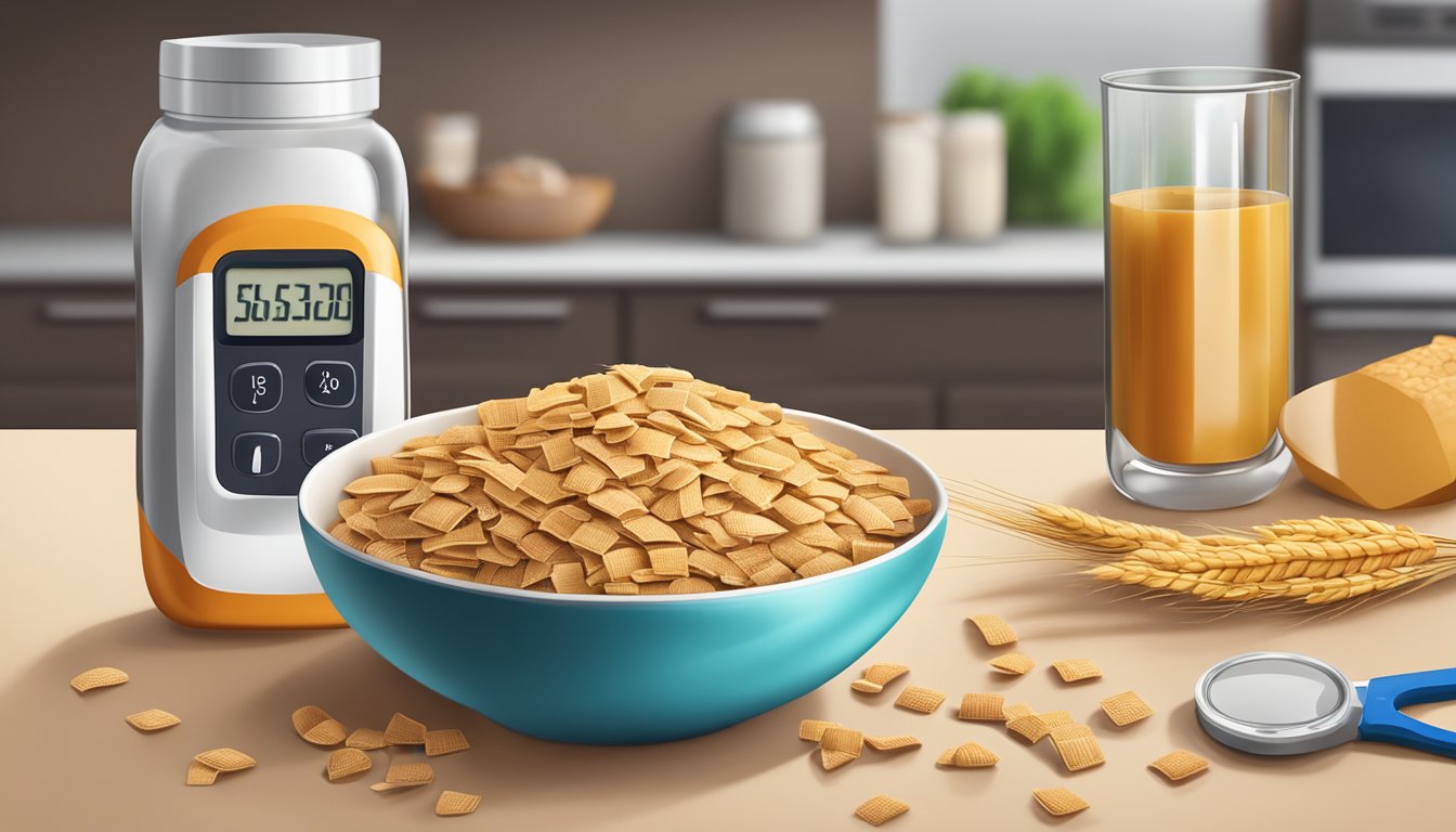 A bowl of Wheat Chex with a measuring cup and a diabetes blood sugar monitor on a kitchen counter