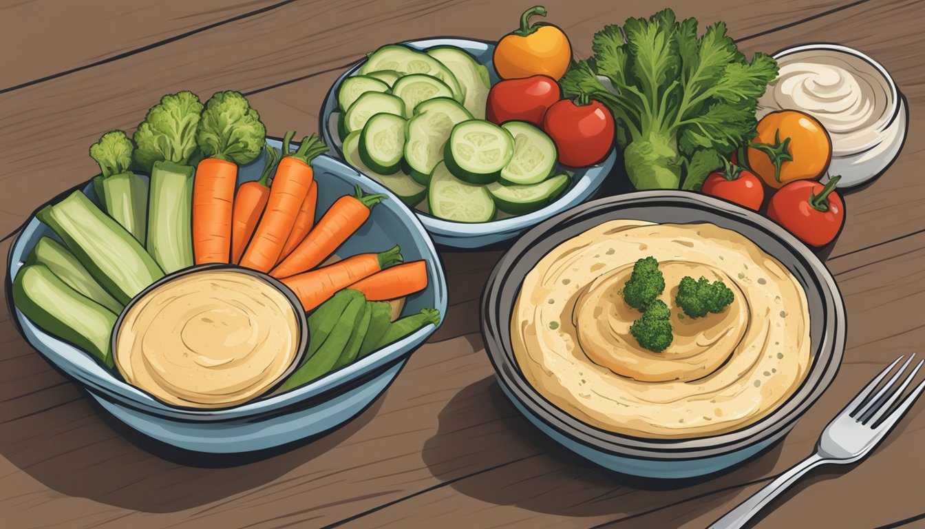 A diabetic enjoys a small bowl of Sabra hummus with a variety of fresh vegetables for dipping, showcasing the health benefits of the snack for managing blood sugar levels