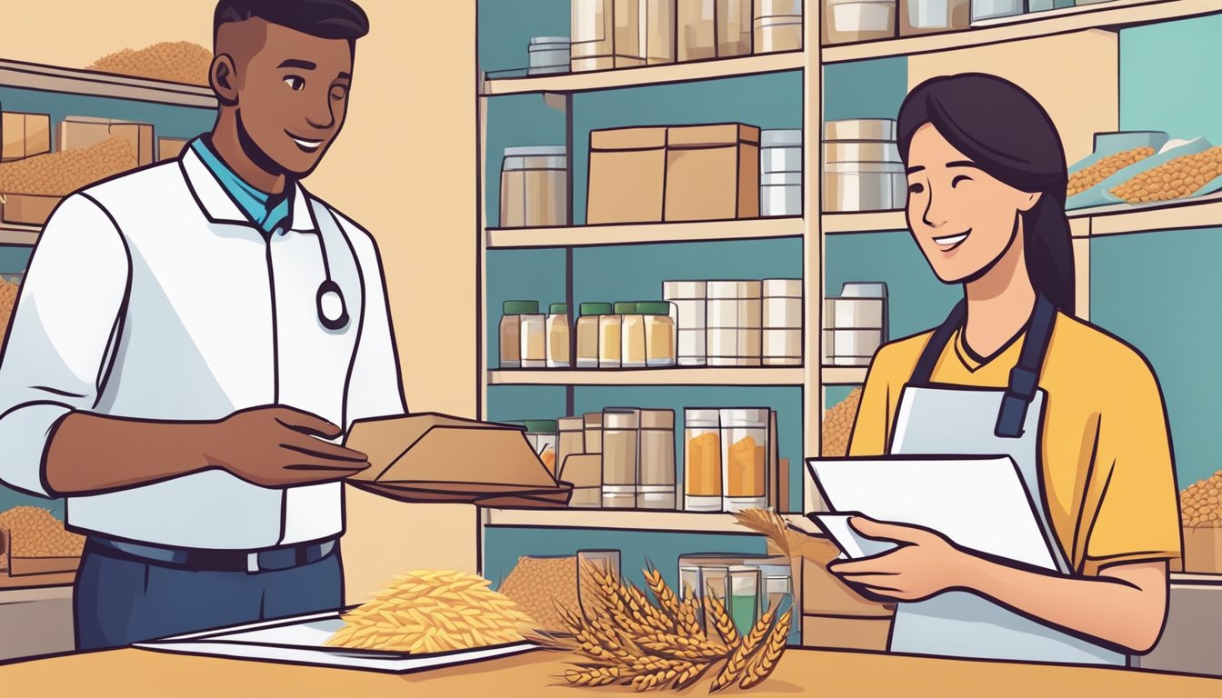 A person holding a box of Wheat Chex and consulting a nutritionist