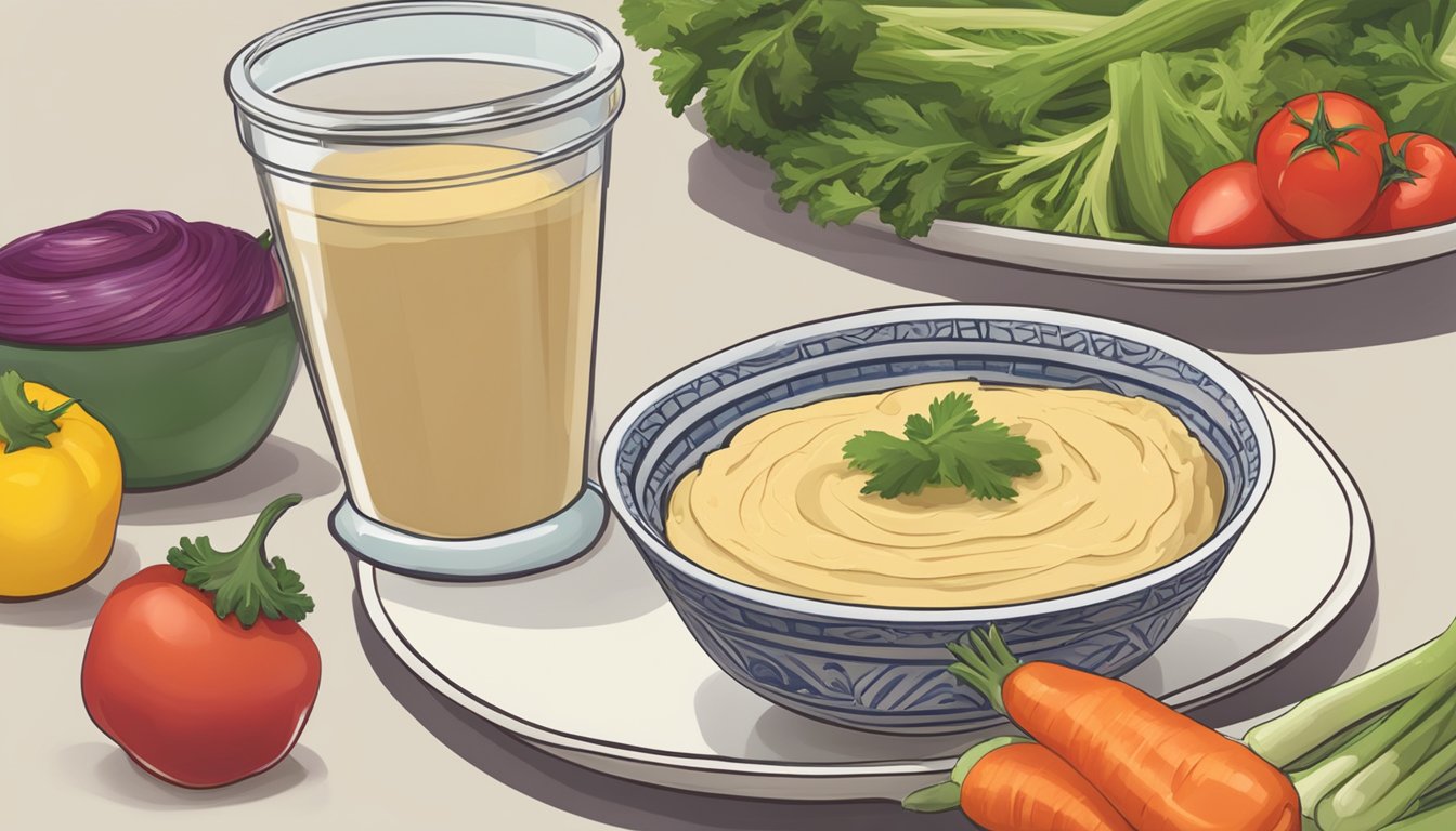 A small bowl of Sabra hummus next to a plate of assorted raw vegetables, with a measuring cup nearby